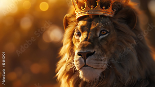 majestic Lion of Judah with elegant golden kings crown, on bokeh light background. Christian concept