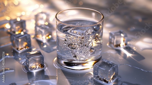 A highball or Collins glass full of pure sparkling water with ice cubes is settled on the water surface or a puddle of water with reflection. On the rock.
