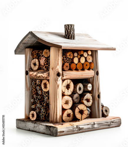 AI generated photo of wooden house for insects. Isolated on white background