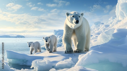 A family of polar bears traversing Arctic ice floes, on a quest for food and shelter 