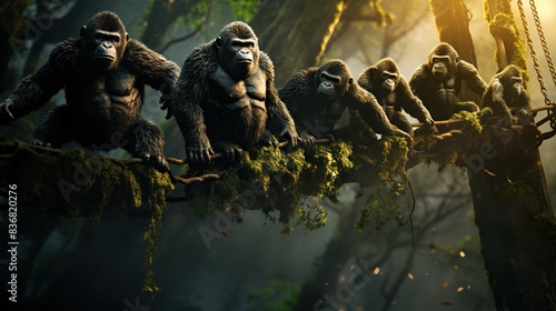 A group of gorillas trekking through a rainforest, swinging from tree to tree 