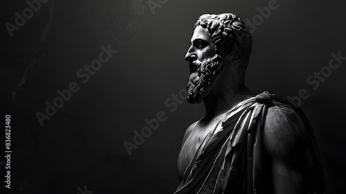 Greek sculpture of an old stoic man, roman god statue, black and white