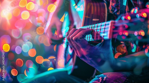 A person is playing a guitar in a colorful room with lights