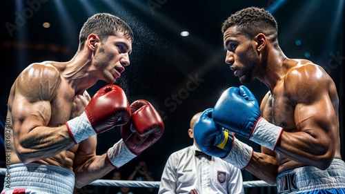 Two men in boxing ring, facing each other, ready to fight. One man is wearing red gloves and the other is wearing blue gloves.