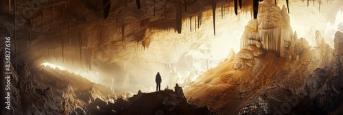 Silhouetted explorer merges with cave formations in a minimalist and adventurous multi-exposure banner, Created with Generative AI.