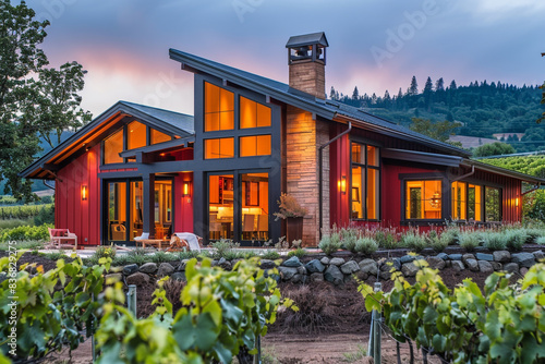 Minimalist Craftsman Style New Construction Garnet Red House Featuring Sleek Lines and Large Windows in a Serene Vineyard