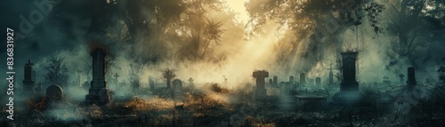 Abandoned graveyard with cobwebs and fog, eerie Halloween, copy space, haunting, surreal, manipulation, old churchyard backdrop