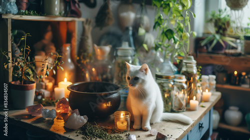 A modern witch kitchen there is a cauldron with a potion, a lot of jars with herbs, a white cat, crystals, candles. On the background of kitchen drowning in greenery