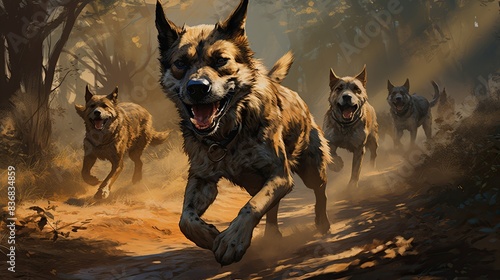 A pack of wild dogs on the hunt, moving swiftly through a dense forest 