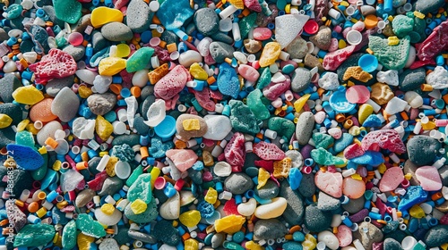 microplastic particles pollution on the beach, plastic environment contamination