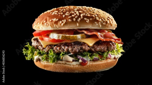 Closeup a delicious hamburger or cheeseburger with meat, bacon and salad