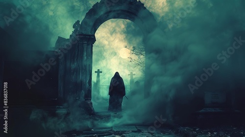 Devil emerging from a portal, Halloween night, selective focus, eerie, vibrant, silhouette, misty graveyard backdrop