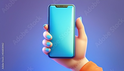 hand holding a mobile phone with a blue background.