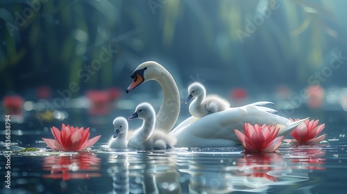 white swans with cygnets swimming on water