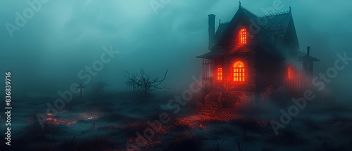 Frightening haunted house with glowing windows, eerie Halloween, copy space, chilling, dynamic, blend mode, foggy graveyard backdrop
