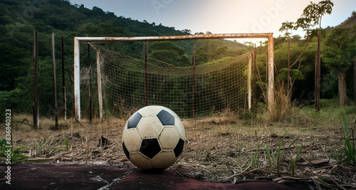 Balon de fútbol vintage, en un campo de futbol abandonado, concepto de futbol