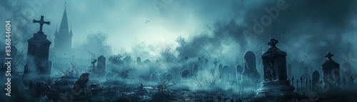 Long shot of a spooky graveyard at dusk, eerie mist swirling around ancient tombstones, creepy zombies emerging from the shadows, photorealistic digital art, haunting atmosphere