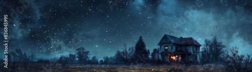 Midnight sky filled with stars over a haunted house, spooky Halloween, focus on, eerie, surreal, overlay, abandoned mansion backdrop