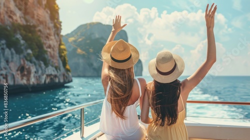 Back portrait of two female friends sitting on boat, waving with hat while talking and enjoying looking at seaside. Sisters finally took vacation to visit their mom who lives in Italy