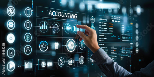 Finance Professional Interacts with Futuristic Accounting Interface Displaying Key Financial Indicators and Tools