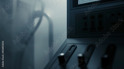 Close-up of an X-ray machine panel in fog, no humans, soft focus, dim lighting 