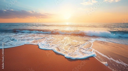 A tranquil beach at dawn, with gentle waves lapping against the shore.