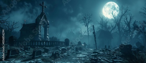 Wide shot of a haunted graveyard on Halloween