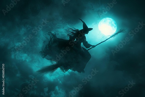 Witch flying on a broomstick, spooky Halloween, focus on, eerie, surreal, overlay, moonlit sky backdrop