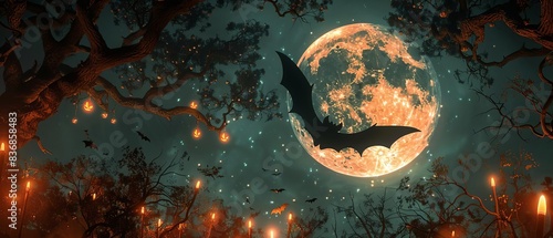 Worms-eye view of a Halloween night, a sinister bat silhouetted against a full moon, candles casting eerie glows, dark atmosphere, digital photorealistic rendering, highly detailed