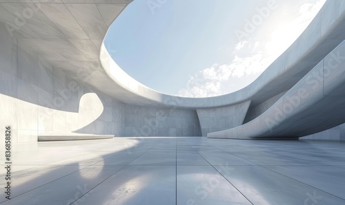 Empty abstract architecture building in minimal concrete design with open space floor courtyard white podium and curved walls museum plaza as wide display showroom mockup environment, Generative AI