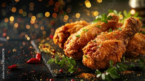 Golden crispy fried chicken with fresh herbs and spices on a dark backdrop, illuminated with sparkling light