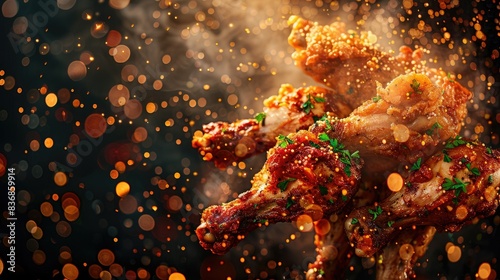 Golden fried chicken with fresh herbs and spices, set against a dark background with sparkling highlights