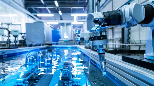 Robotic arm operating in an advanced industrial setting, engaging in precise manufacturing or laboratory processes under blue lighting.