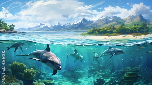 A pod of dolphins swimming through crystal-clear waters, on a journey along the coast 