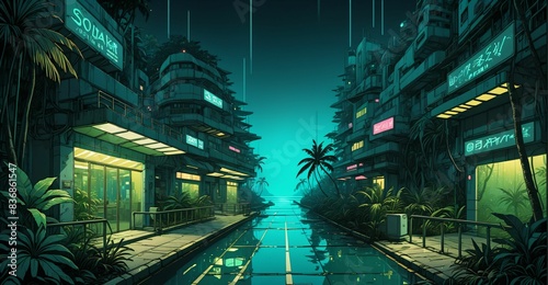 cyberpunk lo-fi sci-fi tropical city street with palm trees and buildings. narrow town road by the beach at sundown sea sunset in summer. landscape cityscape wallpaper background