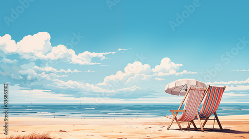 Illustration vectorielle d'une plage du sud de la France avec des transat et des parasols. Ciel bleu, mer, plage de sable fin. Vacances, soleil, été, voyage. Détente, repos.