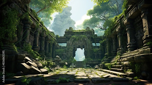 A realistic 3D mockup of an ancient temple ruin, partially covered in vines and surrounded by jungle 