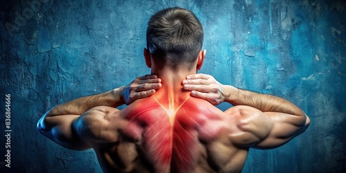 Trapezius muscle pain relief concept with blue textured background , Trapezius, muscle, pain, relief, therapy, blue, background, fitness, health, anatomy, exercise, sore, shoulder, massage