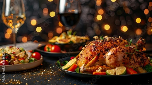 Tempting golden chicken with vibrant side dishes on a black background, sparkling under bright lights