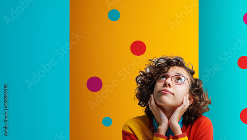 A girl with curly hair and glasses is looking up at the camera. Background is a colorful pattern bored. event attendee person left justified looking up and to the right in image bold color background