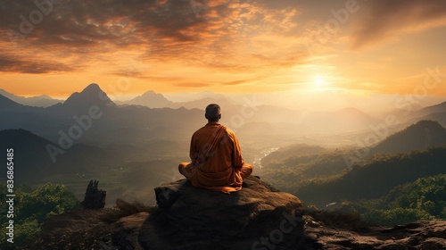 A seeker in a plain orange shirt meditating on a hilltop, with a panoramic view of the countryside below 