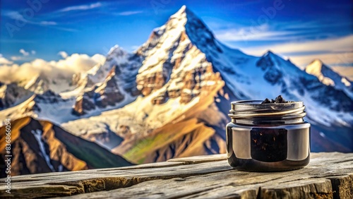 Shilajit promotional image featuring a jar of the resin with Himalayan mountains in the background, natural, herbal, health, wellness, Ayurveda, supplement, pure, organic, mountainous, sacred