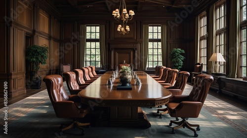 A traditional boardroom with elegant wood paneling and a large conference table, adorned with leather chairs and equipped with a polished mahogany podium for formal meetings and discussions 