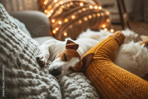 A cozy scene of a Jack Russell Terrier sleeping peacefully on a cushion, surrounded by warm lights and soft blankets.