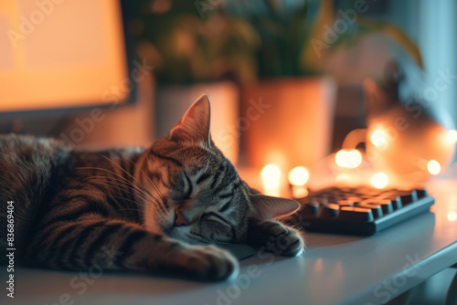  A domestic cat dozes peacefully on a desk beside a keyboard, illuminated by soft ambient lighting, creating a tranquil scene.