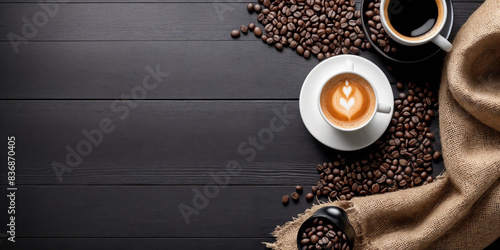 Cup of coffee latte with heart shape and coffee beans on old wooden background