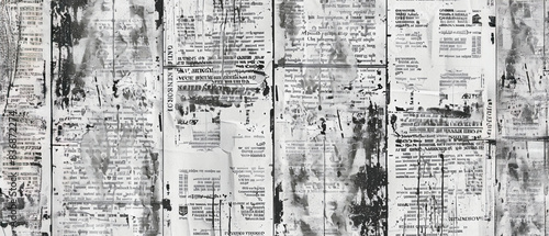 Fondo de textura de periódico con tipografía vintage y elementos angustiados. Patrón de periódico, collage de periódico, estilo grunge, sucio, negro sobre blanco, alta resolución, alto detalle