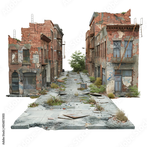 Desolate urban street with abandoned buildings showcasing the deterioration of infrastructure and the passage of time.