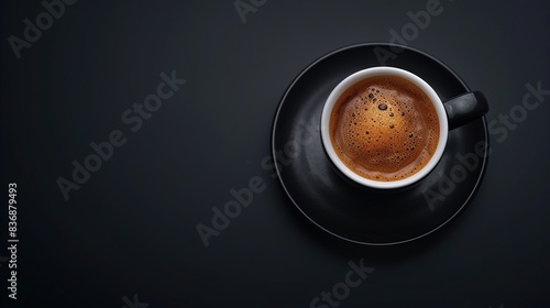A cup of espresso with a rich crema on top, set on a solid black background, emphasizing the intense and robust flavor.