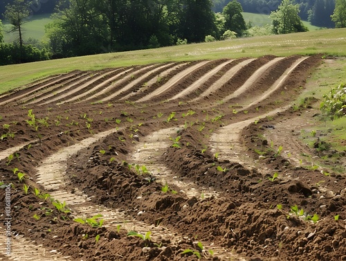 Contour Plowed Field to Prevent Soil Erosion in Countryside Landscape